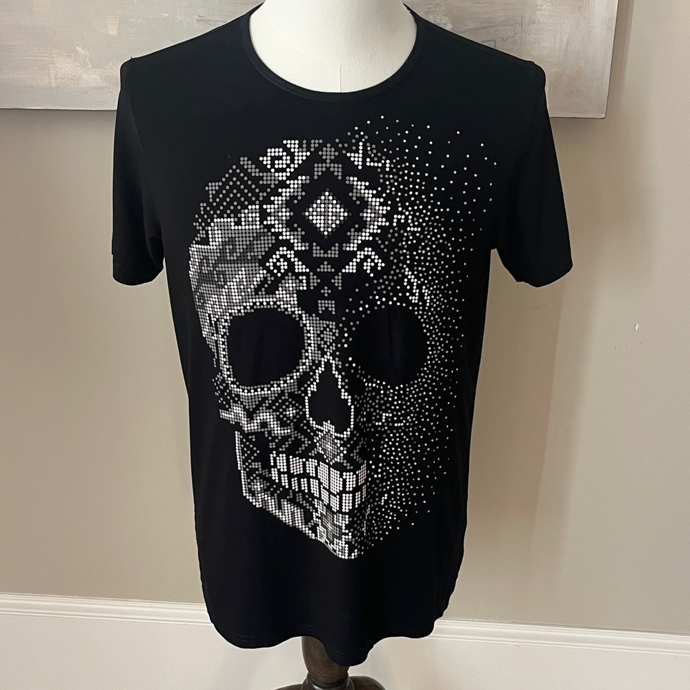 Ay Guey, Mexican designer rhinestone embellished skull tshirt